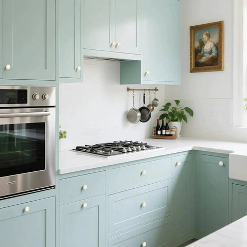 Modern kitchen with light blue cabinets featuring 12 Pack White Cabinet Knobs For Kitchen Cabinets And Dresser Drawers Drawer Pulls Easy Install.
