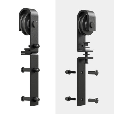 Bi Folding Barn Sliding Door Roller Kit With J Shape Rollers Hardware Only Pair Of Heavy Duty Rollers And Accessories For Barn Doors No Door No Guide Rail No Manual, side view.