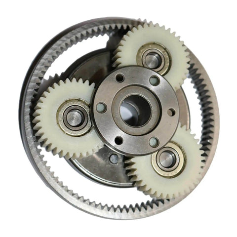Top view of 36T Gear With Clutch For Electric Bike Motor, 38mm Outer Diameter Solid Spur Gear Set, showing white gears and metal components.