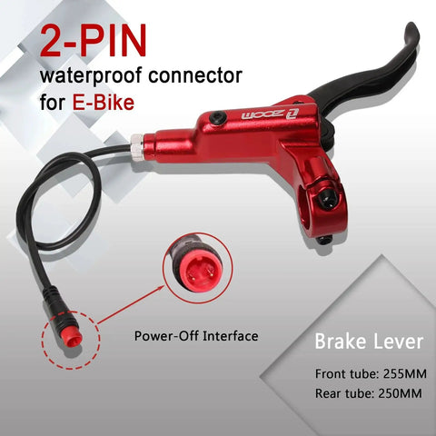 Front view of red aluminum e-bike hydraulic brake lever with 2-pin waterproof connector