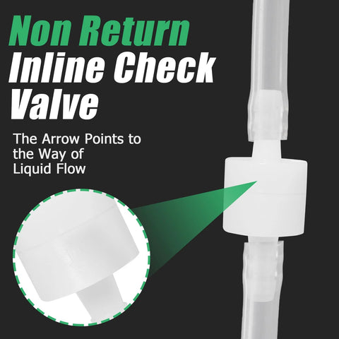 1/4 inch PVDF inline check valve on clear tubing, white non-return valve.