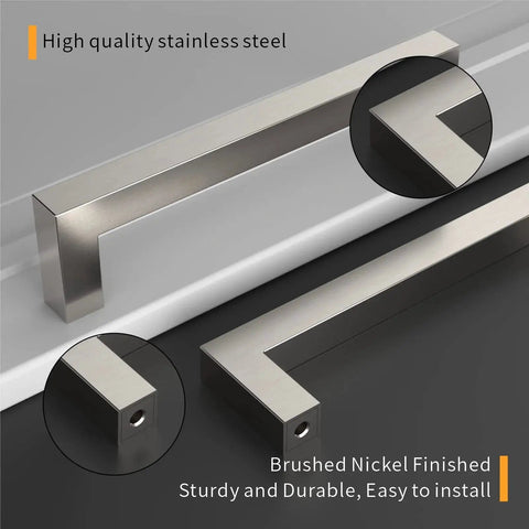 Close-up of 10 Pack Brushed Satin Nickel Cabinet Pulls 5 Inch Center To Center Square Drawer Handles showcasing metal finish and design