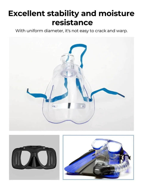 Close-up of snorkel masks showcasing moisture resistance and stability, including clear and black designs for underwater activities.