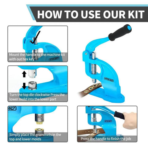 Instructional guide for using Heavy Duty Eyelet Grommet Machine Press Kit With 3 Interchangeable Dies And 900 Grommets