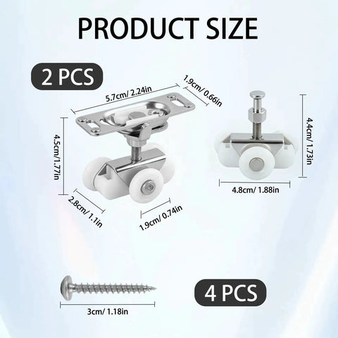Sliding Door Rollers Replacement Kit For Three Quarter Inch Pocket Doors And Johnson Wheels, Top Hanger Rollers For Closet Bypass And RV Sliding Doors, Heavy Duty Steel Bracket With POM Wheels, Quiet, Supports Up To 220 Lb Per Door, Silver Set Of 2, product size dimensions and components shown