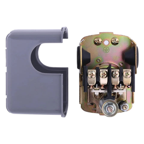 Pumptrol pressure switch, gray plastic cover and metal switch body with screw terminals for 30–50 psi well pump.