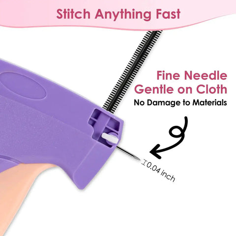 Close-up of a Quick Fix Gun For Clothes And Tagging Tool showing fine 5mm needle for retail repairs on various fabrics.