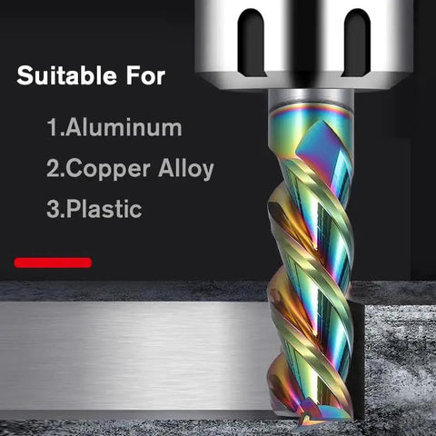 1/2 Inch Carbide Square End Mill For Aluminum With DLC Rainbow Coating, 3 Flutes, 1/2 Inch Shank, 3 Inch Overall Length, cutting tool close-up