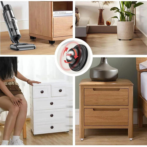 Collage of furniture with adhesive caster wheels installed, showing 1-inch black ABS swivel wheels with stainless steel ball bearings.