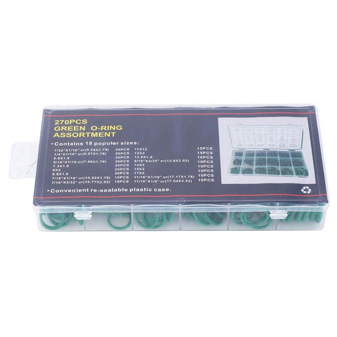 O-ring assortment kit in plastic storage box, 270-piece green nitrile O-rings.