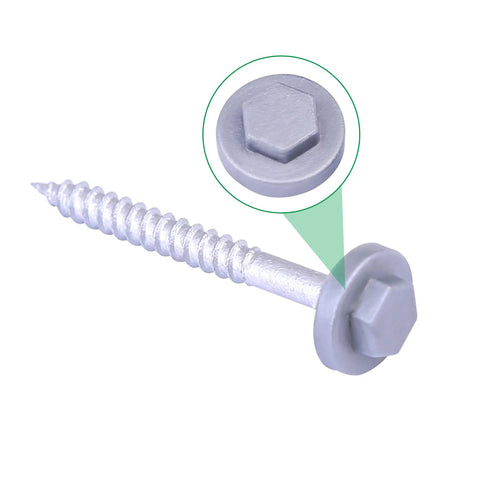 Close-up of 400 Pack Silver Gray 8mm Roofing Screw Covers, Durable Plastic Snap-On Protectors, Weatherproof and UV Resistant Shields.