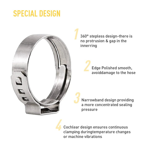 Stainless steel single-ear hose clamp, 6–23.5mm range, metallic silver, front view