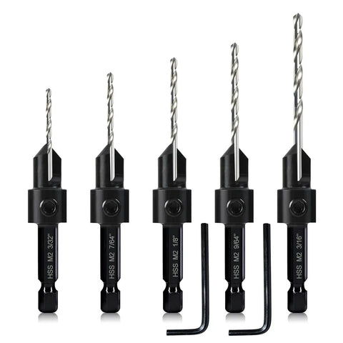 All In One Countersink Drill Bit Set For Woodworking With Depth Adjustable 82 Degree Chamfer 3 In 1 Counterbore Bits For Size 6 8 10 12 16 Screws One Quarter Inch Hex Shank M2 HSS Pilot Bits And 2 Allen Wrenches, front view