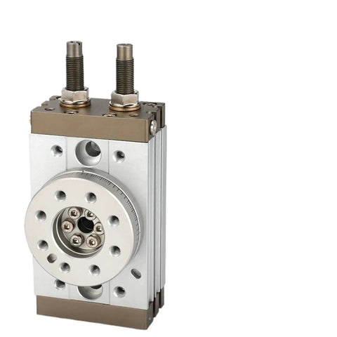 Rotary pneumatic air cylinder with rack-and-gear actuator; silver body, circular front dial, and two mounting studs
