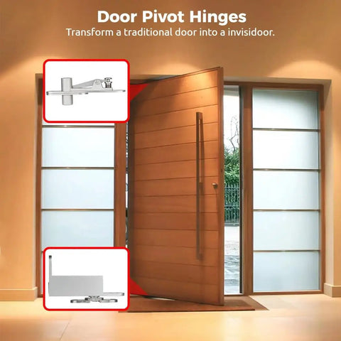 360 Degree Pivot Hinges For Hidden Bookcase Doors Heavy Duty Self Closing Stainless Steel Hinges shown with door installation.