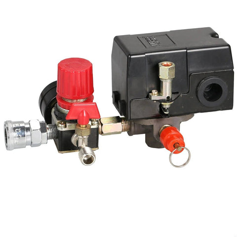 Side view of air compressor pressure switch manifold regulator with red knob, black control box, 90-120 PSI