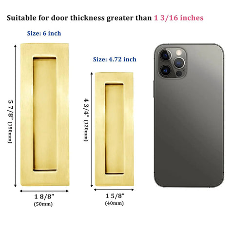 Sliding Pocket Door Handles 304 Stainless Steel Non Locking Pocket Door Hardware Recessed Flush Finger Pull Edge Pull Heavy Duty 6 Inch Satin Brass Finish Set shown with dimensions.