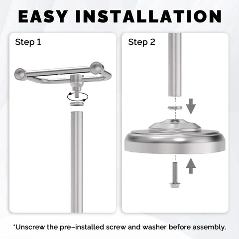 Installation steps for Free Standing Toilet Paper Holder With Pivoting Post, Brushed Nickel Finish, showing assembly process.
