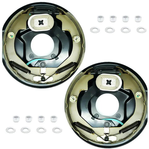 Two 10-inch electric trailer brake magnet assemblies for 3500-lb Dexter brakes with coil springs and retainer clips