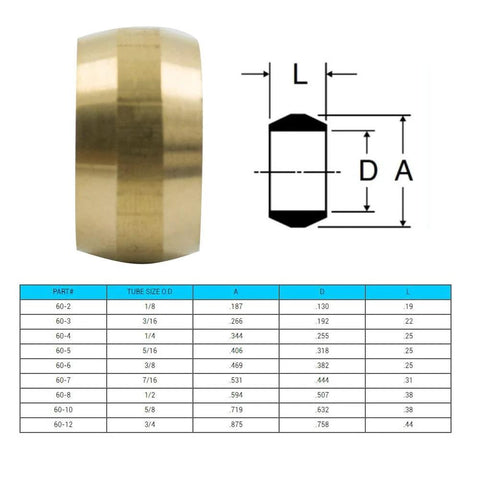 Legines 3/8 in OD brass compression sleeve ferrule for tube fitting, 20 pcs