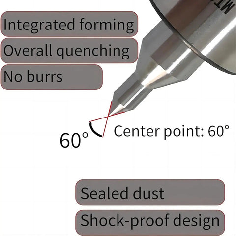 MT2 Live Center Long Nose 60 Degree With Triple Bearing Medium Duty Lathe Center showing 60° point and key features
