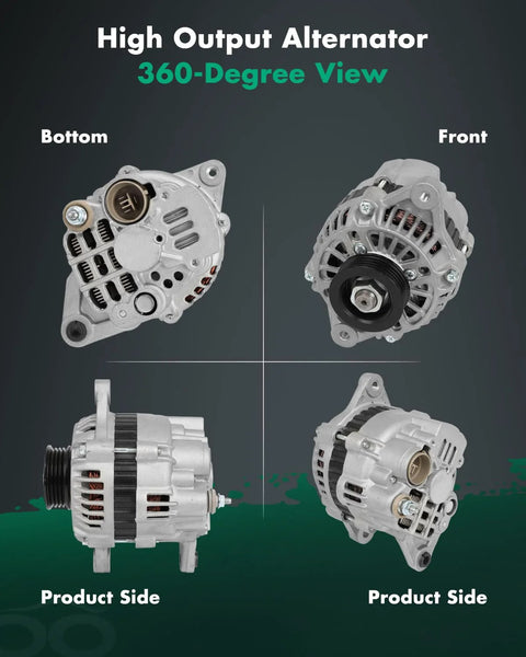 360-degree view of 12V 55A Clockwise 4 Groove Alternator Replacement For Chevy Metro Tracker Geo Metro GMC Tracker Suzuki Sidekick Swift X 90 Pontiac Firefly Sunrunner Fits L4 Models, showing different sides and angles.