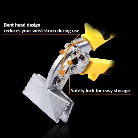 Close-up of 3 Inch Curved Jaw Hand Seamer with bent head and safety lock, ideal for sheet metal bending and forming, black and yellow handle.