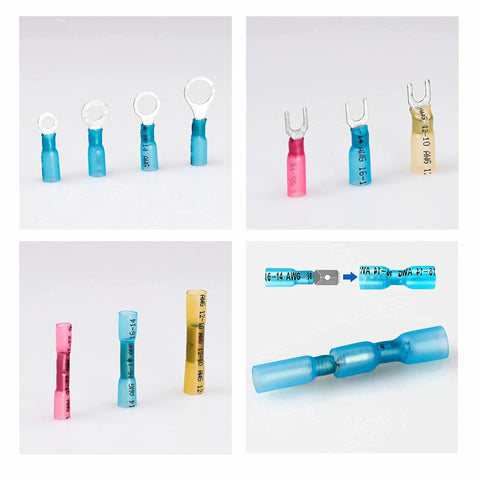 Kuject 320PCS Heat Shrink Wire Connectors Kit: insulated ring, fork, spade, and butt terminals in blue, pink, yellow.