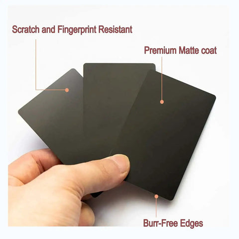 Hand holding fifty pcs matte black metal business card blanks for laser engraving, pro grade premium aluminum sheets, sleek look