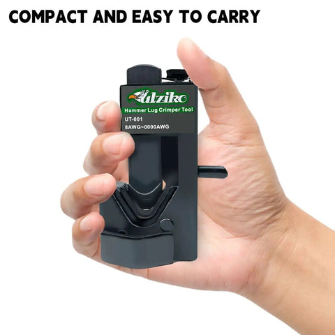 Hand holding Beefy Hammer Lug Crimp Tool For 8 AWG To 0000 AWG Battery And Welding Cables, Heavy Duty Crimp Tool With Compact Design