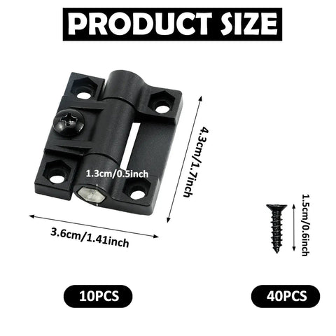 Adjustable Torque Hinges Set 10 Pack GTILE 43x36mm Position Control Door Hinges in Black with screws shown in size chart.