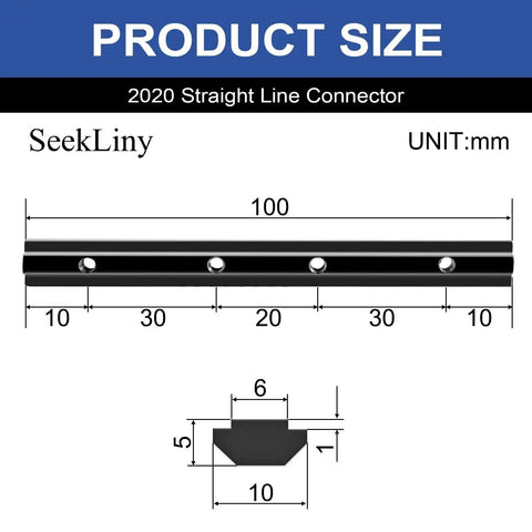 2020 straight line connector size diagram, detailed dimensions, for use with 12 Pack 2020 Straight Connector Corner Bracket Joint Plates.