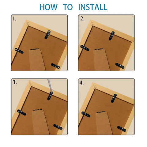 Installation steps using 100 Piece Metal Picture Frame Turn Buttons And 100 Black Screws Set For Photo Frames With Transparent Storage Box Easy Access Turn Button Fasteners For DIY Picture Frame Projects And Frame Maintenance.