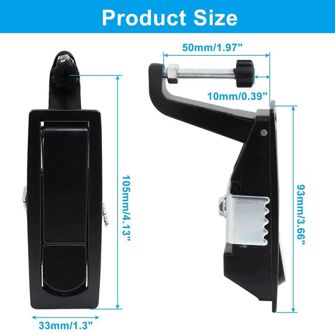 Front and side view of 2 Pack Zinc Alloy Compression Latch Lock With Raised Trigger Keyless Operation, showing product dimensions.