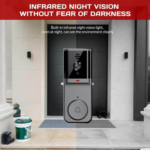 Front view of No WiFi Video Doorbell With Monitor mounted at entrance, showing infrared night vision capabilities.