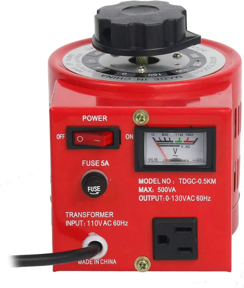 Auto Voltage Transformer 110V Input to 0 to 130V AC Variable Voltage Converter 500W with voltmeter, 5A fuse, and power cord