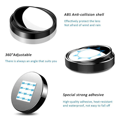 Close-up of Two Pack Blind Spot Mirrors For Cars, 360 Rotating Round HD Glass Convex Rear View Mirrors With ABS Protective Shell.