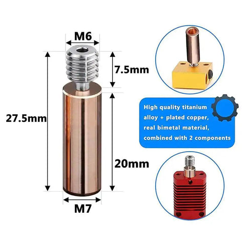 All Metal Bi Metal Heatbreak Copper Titanium TC4 Throat For High Temperature 3D Printing Upgrade, dimensions shown and components