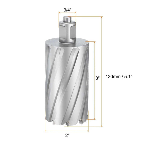 2 Inch Tungsten Carbide Annular Cutter For Magnetic Drill Press With 3 Inch Cutting Depth And Three Quarter Inch Shank Pin For Precise Metal Drilling Durable TCT Bit By Harfington, front view showing size measurements.
