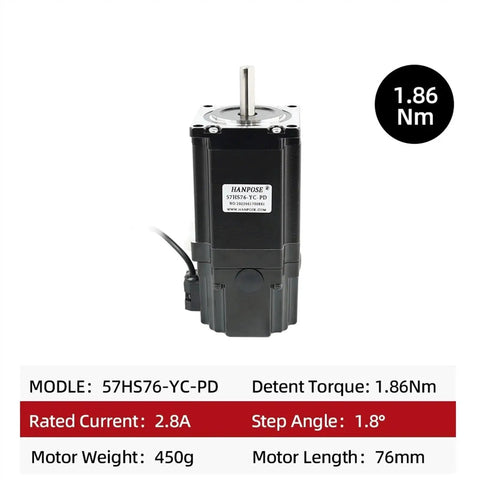 HANPOSE 57HS76-YC-PD NEMA 23 stepper motor with brake, 76mm length, black housing.