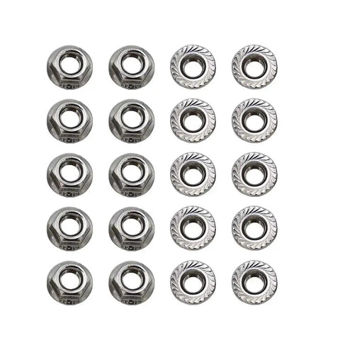 20 M8 X 1.25mm Serrated Flange Nuts DIN6923 304 Stainless Steel in a grid, hex lock design for industrial use.