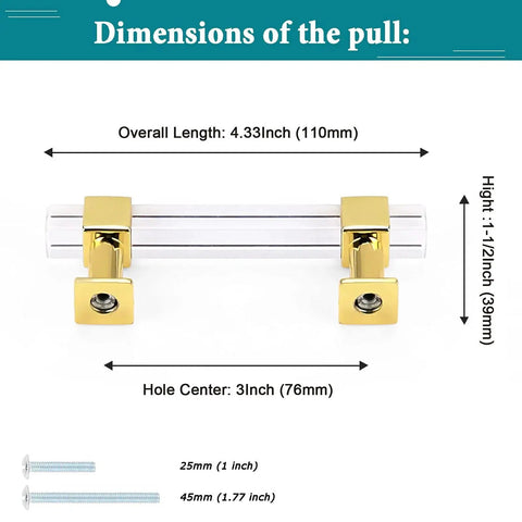 10 Pack 3 Inch Center To Center Cabinet Handles With Clear Acrylic Square Tube And Gold Finish Zinc Alloy Base With Dimensions