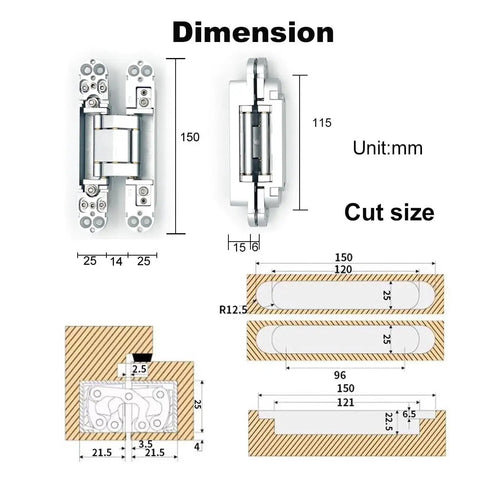 2 Pack Hidden Door Hinges For 6 Inch Doors With 3 Way Adjustable Concealed Hinges Zinc Alloy For Slick Invisible Doors And Feature Walls 180 Degree Swing Silver dimensions and cut size diagram