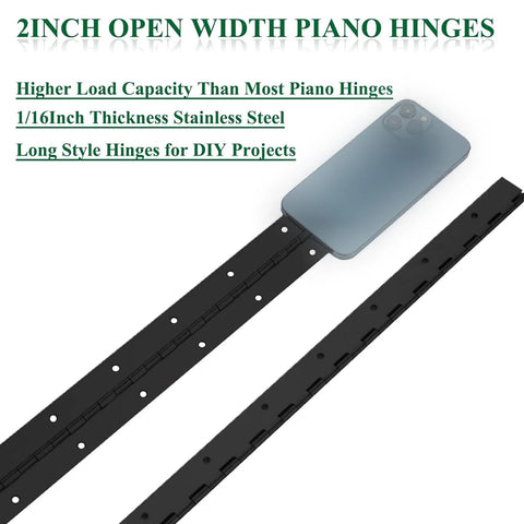 Two black stainless steel piano hinges, 20-inch length with 2-inch open width and mounting holes