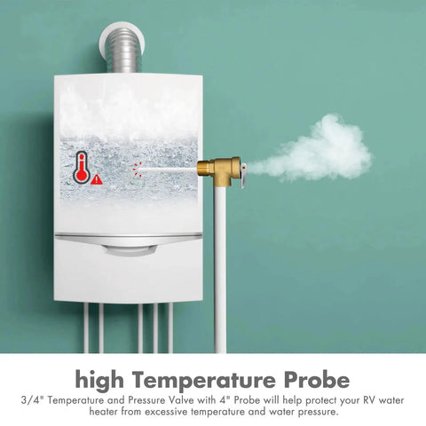 Dual Protection Water Heater Temperature And Pressure Relief Valve By VAV With Three Quarters Inch NPT Female Thread 150 PSI And Four Inch Temperature Probe Lead Free Copper CSA Listed For Safe Reliable Hot Water Protection installed with steam visible