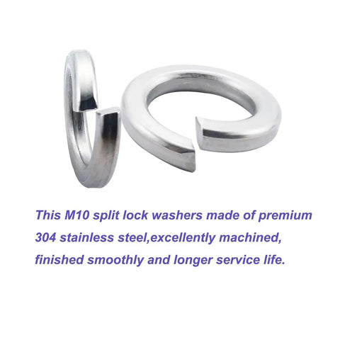 M10 Split Lock Washer Set 50 Pieces In 304 Stainless Steel 18 8 For Bolts Nuts And Screws Beefed Up Spring Lock Washers Precision Machined Anti Slip Durable Silver, front and side view