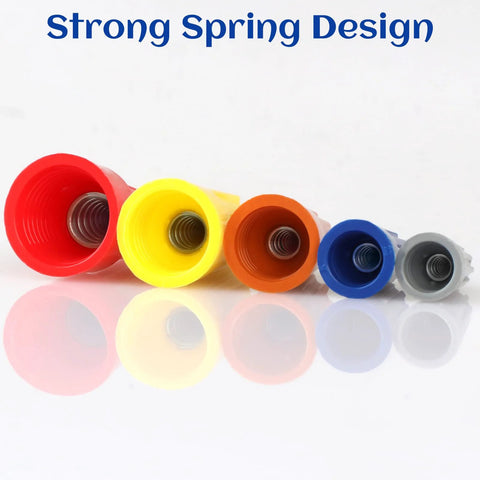 Insulated wire connector caps with springs, five-color set in red, yellow, orange, blue, gray.