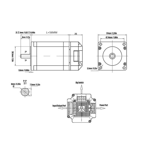 Technical drawing of Integrated Servo Stepper Motor With Built In Encoder 1.5Nm Torque 3000RPM Closed Loop Controller Driver dimensions.