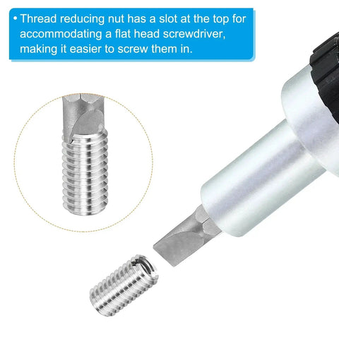 Front view of PATIKIL thread adapter sleeve; stainless steel reducing nut, M8×1.25 male to M6×1 female, 20mm, 10-pack