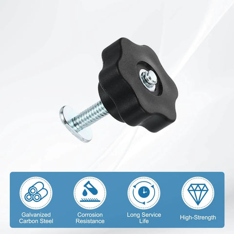 Pro Grade T Track Knob Kit With Four Star Knobs And Four Quarter Inch Twenty Threaded Bolts For Woodworking Jigs And Fixtures Drop In Sliding Bolts Accessories Silver, close-up of star knob and bolt.